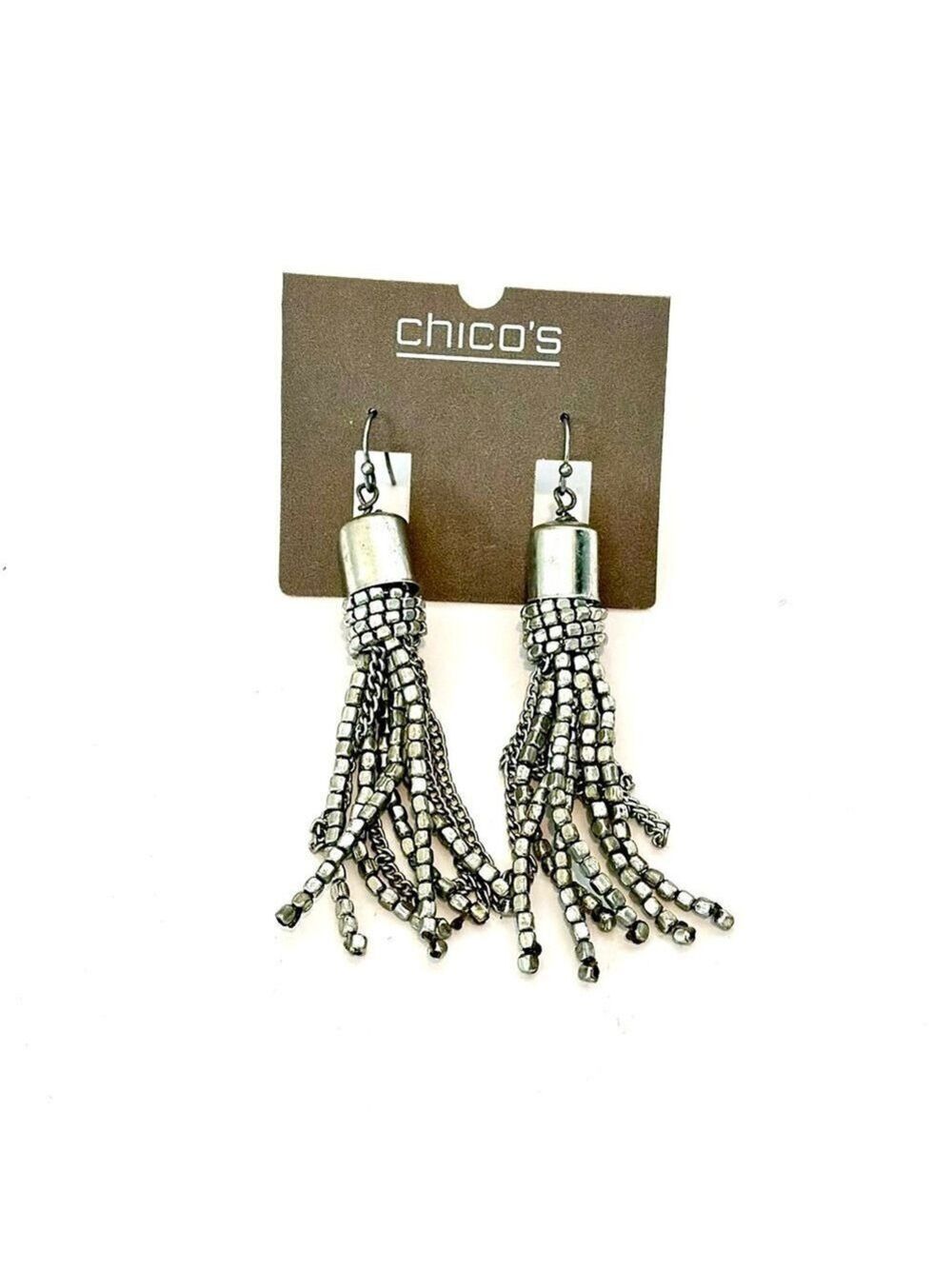 Chico's Silver Square Bead Knotted Tassel Earrings